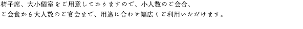 椅子席、大小個室をご用意しておりますので、小人数のご会合、ご会食から大人数のご宴会まで、用途に合わせ幅広くご利用いただけます。